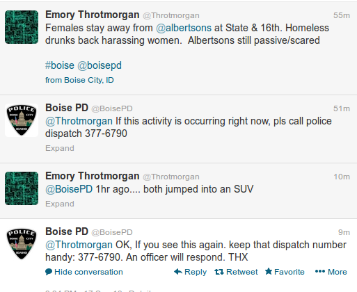 Twitter Feed reporting harrassment by Homeless Persons